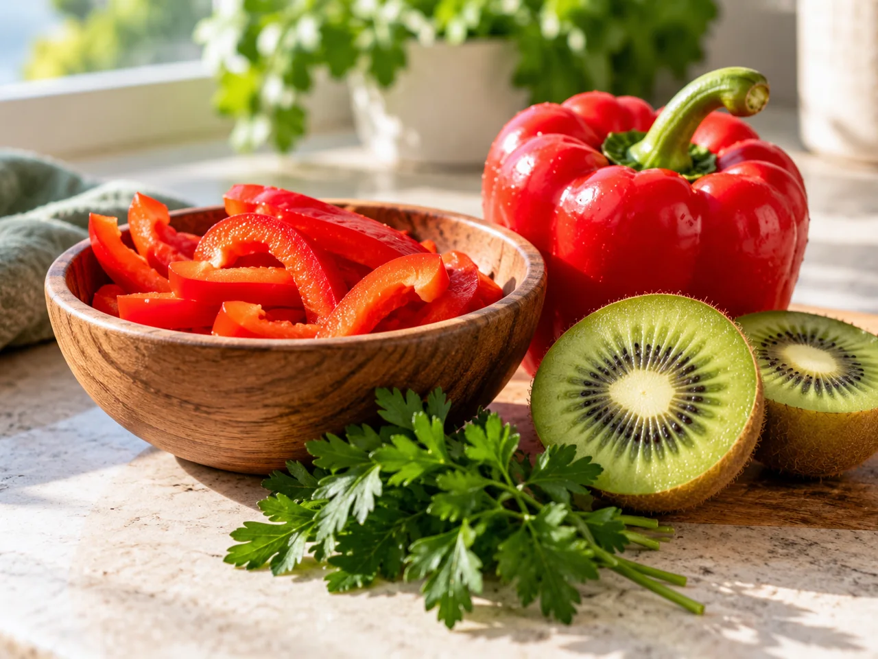 Narezana rdeča paprika, kivi in svež peteršilj na leseni kuhinjski deski.